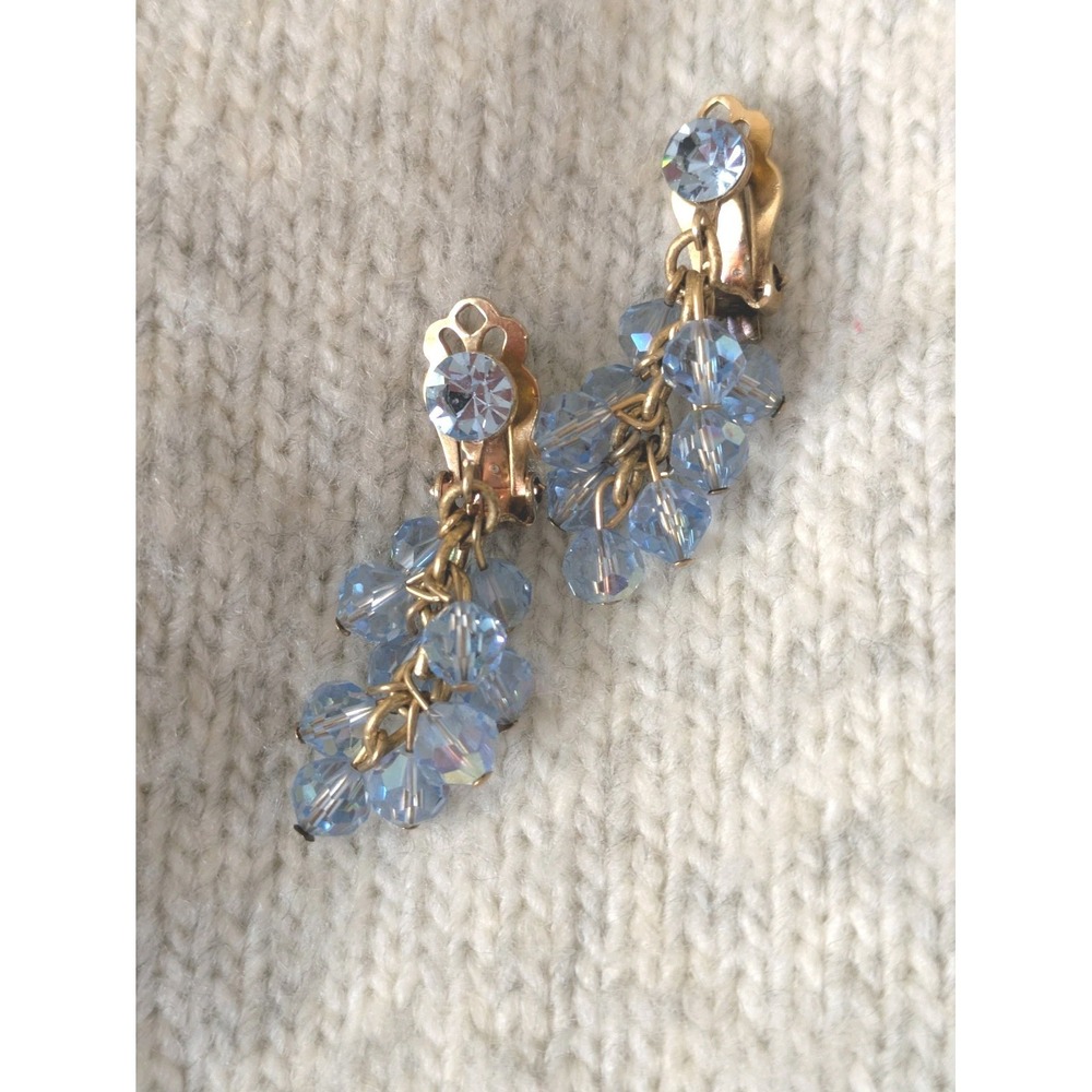 Vintage Clip On Earrings In Baby Blue AB Rhinestones Cluster Dangle Romantic